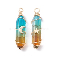 2Pcs 2 Style Two Tone Glass Double Terminated Point Beads Pendants Set, Moon & Star Golden Copper Wire Wrapped Charms, Chocolate, 38~39x10x18mm, Hole: 3mm, 1Pc/style(PALLOY-JF02538-01)