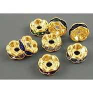 Brass Rhinestone Spacer Beads, Grade A, Wavy Edge, Golden Metal Color, Rondelle, Mixed Color, 6x3mm, Hole: 1mm(X-RB-A014-L6mm-G)