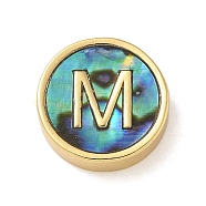 Brass Beads, with Resin Imitation Paua Shell, Flat Round, Real 14K Gold Plated, Letter M, 13.5x4mm, Hole: 1.6mm(KK-U046-17G-M)