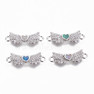 Brass Cubic Zirconia Links, with Synthetic Opal, Wing with Heart, Platinum, Mixed Color, 7x21x2mm, Hole: 1.6mm(KK-L177-61P)