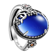 SHEGRACE 925 Sterling Silver Adjustable Rings, with Grade AAA Cubic Zirconia, Oval with Flower, Antique Silver, Dark Blue, US Size 9, Inner Diameter: 19mm(JR829J)