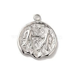 304 Stainless Steel Pendants, Textured Flat Round with Constellations Charm, Stainless Steel Color, Gemini, 17.5x15.5x2mm, Hole: 1.8mm(STAS-B074-08P-05)