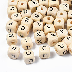Natural Maple Wood Printed Beads, Horizontal Hole, Cube with Initial Letter, Blanched Almond, Mixed, 10x10x10mm, Hole: 3~4mm(X-WOOD-Q030-36)