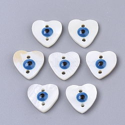 Freshwater Shell Links Connectors, with Enamel, Heart with Evil Eye, Dodger Blue, 12x12~13x3.5mm, Hole: 1.4mm(SHEL-N026-37B)