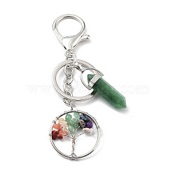Natural Green Aventurine Keychain, with Platinum Plated Iron Split Key Rings, Tree of Life with Bullet, 10.2cm(KEYC-M022-03B)