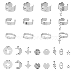 FIBLOOM DIY Moon & Star & Lightning Stainless Steel Charms Cuff Ring Making Kit, Stainless Steel Color, 8~16x1~9mm, Hole: 1.4mm(DIY-FI0001-01)