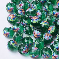 Printed & Spray Painted Transparent Glass Beads, Round with Flower Pattern, Green, 8~8.5x7.5mm, Hole: 1.4mm(GLAA-S047-04A-18)