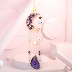 Wire Wrapped Natural Amethyst Moon with Tree of Life Pendant Decorations, Glass Cone and Natural Agate Slice Suncatchers Tassel Window Hanging Ornaments, 530~585mm(HJEW-K046-07G-06)