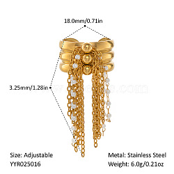 304 Stainless Steel Imitation Pearls Chain Tassel Cuff Open Rings for Women, Real 18K Gold Plated, 32.5mm, Inner Diameter: 18mm(ZH2540-1)