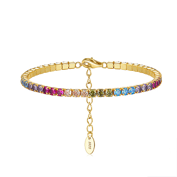 Real 14K Gold Plated 925 Sterling Silver Link Chain Bracelet, Cubic Zirconia Tennis Bracelets, with S925 Stamp, Colorful, 6-5/8 inch(16.8cm)