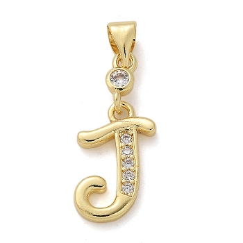 Brass Micro Pave Cubic Zirconia Pendants, Long-Lasting Plated, Lead Free & Cadmium Free, Rack Plating, Letter Charms, Letter J, 16x11.5x2mm, Hole: 4.5x3.5mm