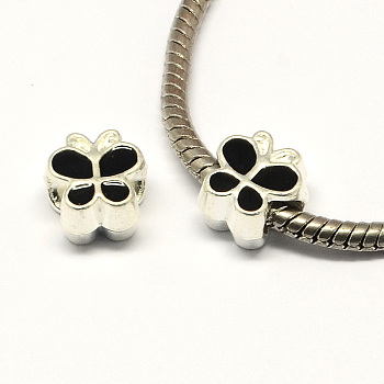 Alloy Enamel Butterfly Large Hole European Beads, Silver Color Plated, Black, 10x10x7mm, Hole: 4.5mm
