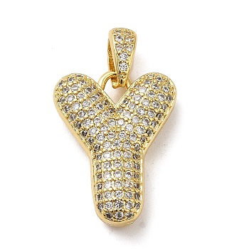 Brass Micro Pave Cubic Zirconia Pendants, Cadmium Free & Lead Free, Long-Lasting Plated, Real 18K Gold Plated, Letter Y, 20x15.5x5.5mm, Hole: 4.5x3mm