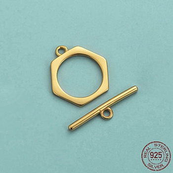 Rack Plating 925 Sterling Silver Toggle Clasps, Hexagon, Real 18K Gold Plated, Hexagon: 13.2mm, Hole: 1.4mm, Bar: 16.8mm, Hole: 1.4mm
