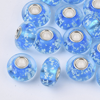 Handmade Lampwork European Beads, Large Hole Beads, with Brass Silver Color Plated Single Cores, Luminous, Rondelle, Dodger Blue, 14x7.5mm, Hole: 4mm