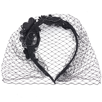 Bridal Flower Rhinestone Mesh Veil Cloth Hair Bands, Hair Accessories for Women Masquerade Party, Black, 142x116x7mm