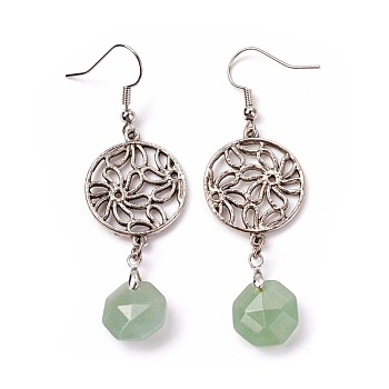 Natural Green Aventurine Dangle Earrings, with Brass Pins and Alloy Pendants, Flat Round with Flower, 62mm, Pendant: 45x20mm, Pin: 0.6mm