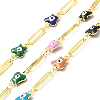 Handmade Eco-friendly Brass Enamel Butterfly with Evil Eye Link Chain, Real 18K Gold Plated, Lead Free & Cadmium Free, Soldered, with Spool, Colorful, 12.5x8x4mm