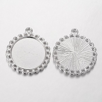 Tibetan Style Pendant Cabochon Settings, Cadmium Free & Nickel Free & Lead Free, Flat Round, Silver Color Plated, 30x26x2mm, Hole: 3mm