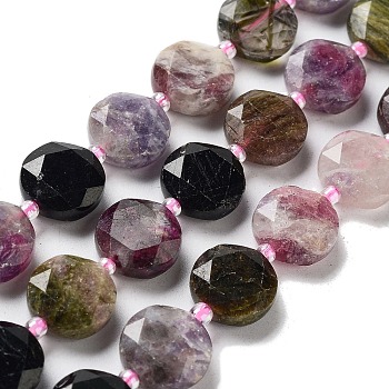 Natural Tourmaline Beads Strands, with Seed Beads, Faceted Hexagonal Cut, Flat Round, 12~12.5x5~6mm, Hole: 1.2~1.4mm, about 27~29pcs/strand, 15.55~15.75 inck(39.5~40cm)