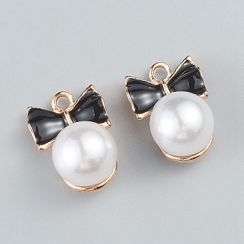 Alloy Enamel Pendants, with Resin Imitation Pearl, Round with Bowknot, Light Gold , Black, 20x14x12.5mm, Hole: 2.5mm