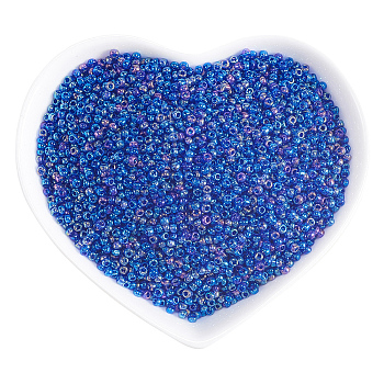 12/0 Round Glass Seed Beads, Grade A, Transparent Colours Rainbow, Royal Blue, 2x1.5mm, Hole: 0.9mm, about 11200pcs/bag