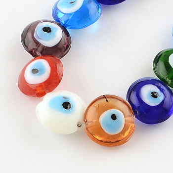 Flat Round Evil Eye Lampwork Bead Strands, Mixed Color, 15~16x8~9mm, Hole: 2mm, about 24pcs/strand, 13.7 inch