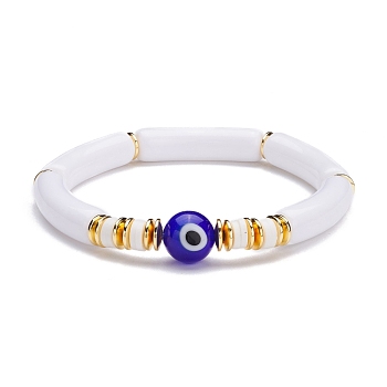 Evil Eye Lampwork Beads Stretch Bracelet, Chunky Tube Beads Bracelet, Polymer Clay Beads & Synthetic Hematite & Acrylic Bracelet for Women, White, Medium Blue, Inner Diameter: 2-1/8 inch(5.4cm)