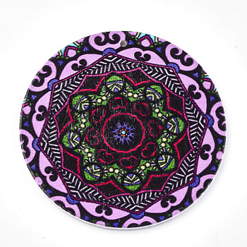 Printed Wooden Big Pendants, Dyed, Flat Round with Flower, Colorful, 60x2.5mm, Hole: 1.5mm