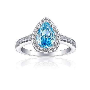 925 Sterling Silver Micro Pave Cubic Zirconia Plain Band Rings, Real Platinum Plated, Teardrop, Deep Sky Blue, Inner Diameter: 17.4mm