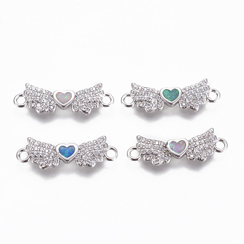 Brass Cubic Zirconia Links, with Synthetic Opal, Wing with Heart, Platinum, Mixed Color, 7x21x2mm, Hole: 1.6mm