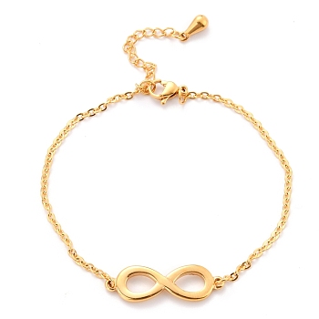 304 Stainless Steel Link Bracelets, with Cable Chains, Infinity, Golden, 7-1/8 inch(18cm)