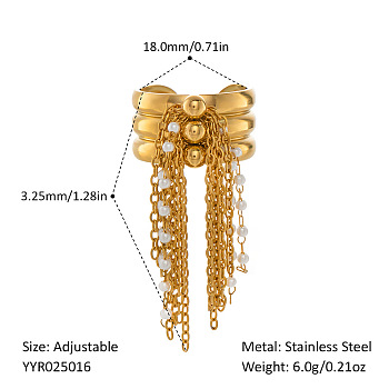 304 Stainless Steel Imitation Pearls Chain Tassel Cuff Open Rings for Women, Real 18K Gold Plated, 32.5mm, Inner Diameter: 18mm