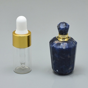Faceted Natural Sodalite Openable Perfume Bottle Pendants, with Brass Findings and Glass Essential Oil Bottles, 40~48x21~25mm, Hole: 1.2mm, Glass Bottle Capacity: 3ml(0.101 fl. oz), Gemstone Capacity: 1ml(0.03 fl. oz)