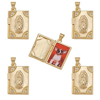 5Pcs Rack Plating Brass Micro Pave Clear Cubic Zirconia Locket Pendants, Cadmium Free & Lead Free, Religion, Rectangle with Virgin Mary, Real 18K Gold Plated, 23x15x4.5mm, Hole: 4x3.5mm, Inner Diameter: 18x11mm