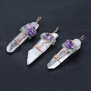 Natural Quartz Crystal and Mix Gemstone Big Pointed Pendants, with Brass Findings, Bullet, Rose Gold, 70~85x22~30x18~23mm, Hole: 4~6x7~9mm(G-K235-01A)