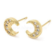 Rack Plating Brass Crescent Moon Stud Earrings with Cubic Zirconia, Lead Free & Cadmium Free, Real 18K Gold Plated, 8x7.5mm(EJEW-D061-16G)
