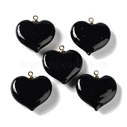 Handmade Lampwork Pendants, with Rack Plating Golden Tone Brass Findings, Long-Lasting Plated, Heart Charm, Black, 18.5x17x6.5mm, Hole: 1.4mm(LAMP-G160-01F)