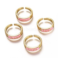 Brass Enamel Cuff Rings, Open Rings, Word, Real 18K Gold Plated, Long-Lasting Plated, Pearl Pink, US Size 6, Inner Diameter: 17mm(RJEW-C100-30G-C)