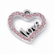 Alloy Rhinestone Pendants, Heart with Word Love Charm, Platinum, Light Padparadscha, 14.5x14.5x2.5mm, Hole: 1.6mm(PALLOY-P287-02P-01)