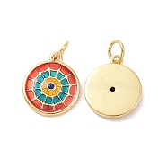 Flat Round Brass Micro Pave Cubic Zirconia Charms, with Jump Rings and Enamel, Cadmium Free & Nickel Free & Lead Free, Real 18K Gold Plated, Orange Red, 14x12x2mm, Hole: 3.4mm(KK-G435-33G-02)