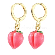 Fuchsia Peach Glass Dangle Leverback Earrings, Brass Earrings, Real 18K Gold Plated, 28.5x11mm(EJEW-P260-01G)