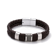 Retro Leather Braided Cord Bracelet for Men, Rectangle Alloy Beads Bracelet with Magnetic Clasps, Antique Silver, Coffee, 8-1/2 inch(21.5cm)(BJEW-A039-01A)