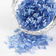 Tube Transparent Colours Rainbow Plated Glass Seed Beads, Cornflower Blue, 3~5x1.8~2mm, Hole: 0.8mm, about 12000pcs/450g(SEED-I001-166)