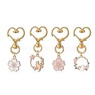 4Pcs Sakura Flower & Cat Alloy Enamel Keychains, with Zinc Alloy Heart Swivel Lobster Clasps, Mixed Color, 5.6cm(KEYC-JKC00456)