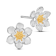 SHEGRACE Adorable 925 Sterling Silver Ear Studs, Lotus Flower with Golden Tone Bud, Mixed Color, 10mm, Pin: 0.8mm(JE292A)
