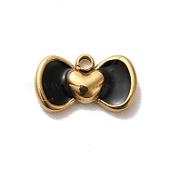 304 Stainless Steel Enamel Charms, Bowknot with Heart Charm, Real 14K Gold Plated, Black, 6x10x2mm, Hole: 1.2mm(STAS-B074-06G-01)