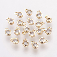 Brass Cubic Zirconia Charms, Flat Round, Golden, 6x4x2mm, Hole: 1mm(X-ZIRC-P068-01G)
