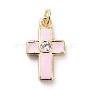 Cubic Zirconia Charms, with Brass Findings and Enamel, Cross, Golden, Pink, 15x9x2.5mm, Hole: 1.8mm(X-KK-G363-03G-01)