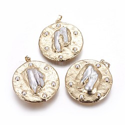 Electroplate Natural Cultured Freshwater Pearl Pendants, with Shell Beads and Brass Findings, Flat Round, Golden, 44.5~46x41x10.5~12mm, Hole: 5x8mm(PEAR-F010-03G)